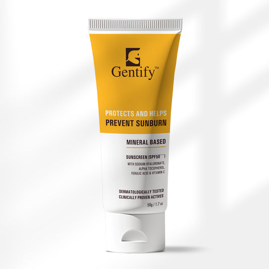 Gentify Care Mineral Sunscreen SPF 50+++ with Vitamin C, E, Hyaluronic Acid & Ferulic Acid – Hydrating & Antioxidant Protection